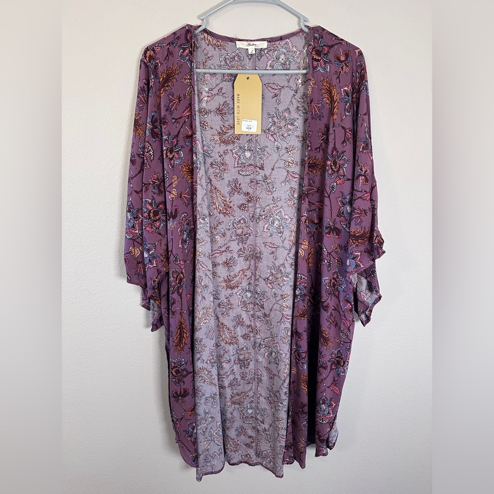 NWT ANDREE BY UNIT women’s large Lavender Floral Kimono purple and blue sleeves